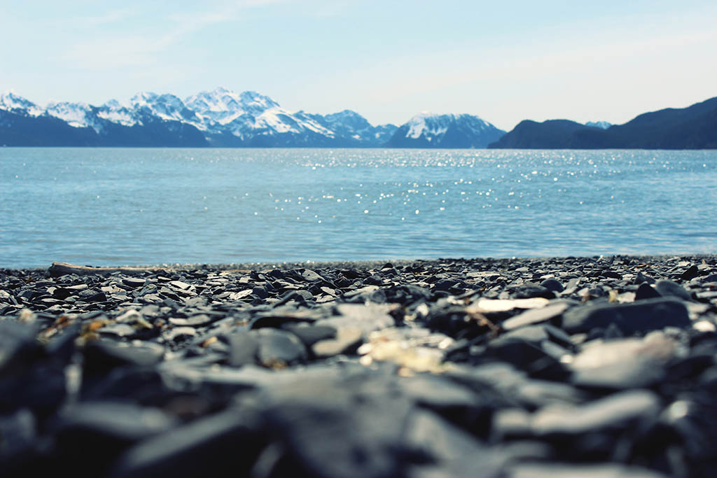 Shorline in focus and looking out over a lake with mountains in the background.